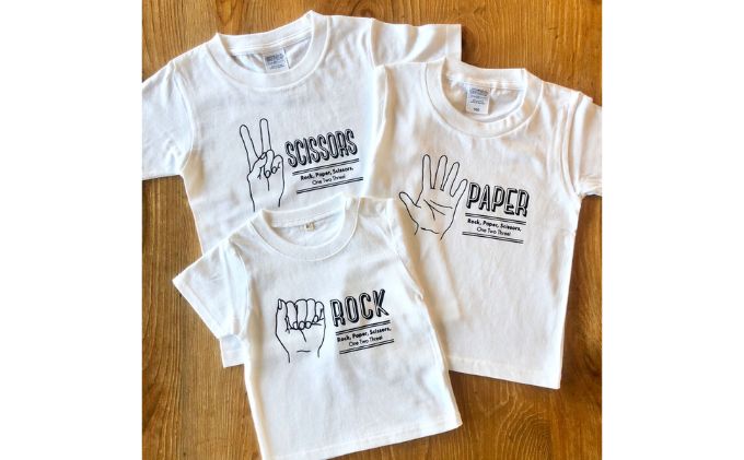 3人兄弟姉妹でおそろい/じゃんけん ROCK×PAPER×SCISSORS プリント/ Tシャツ3枚組ギフトセット【出産祝い・誕生日・ギフト・プレゼント】（80cm×110cm×120cm）