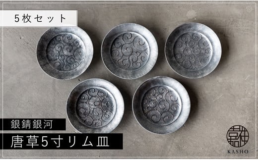 〈平戸嘉祥窯〉銀錆銀河 唐草5寸リム皿(5枚)
