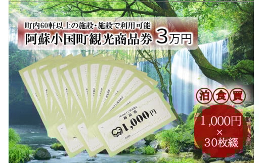 【ASOおぐに観光協会】熊本 阿蘇 小国町 杖立温泉 わいた温泉郷 湯けむり 蒸し湯 ジャージー牛乳 小国杉 旅行 観光 宿泊 飲食 お買い物 お土産 商品券 宿泊券 1000円券 30枚 3万円 現地払い利用 地域振興 旅行支援 現地受け取り対応