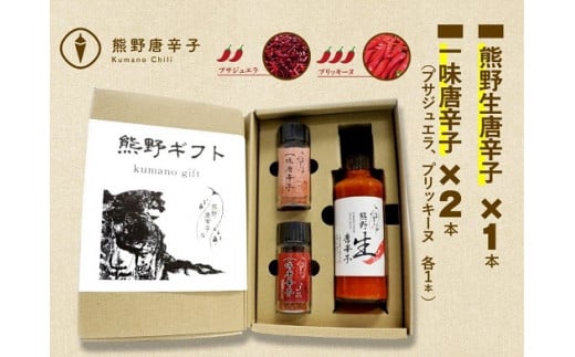 <テレビで紹介されました> 熊野唐辛子ギフト③ (一味唐辛子(プサジュエラ)1本+一味唐辛子(プリッキーヌ)1本＋生唐辛子) 希少 国産唐辛子【kmng0018】