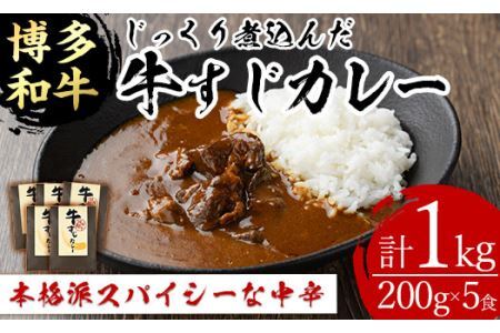 博多和牛 牛すじカレー(計1kg・200g×5食)カレー 博多和牛 牛肉 黒毛和牛 牛すじ 国産 レトルト レトルトカレー 中辛 常温 常温保存＜離島配送不可＞【ksg1387】【マル五】