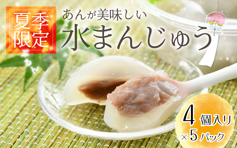 
                  夏季限定！あんが美味しい ぷるぷる「水まんじゅう」 4個 × 5パック (合計20個) 【饅頭 スイーツ お菓子 和菓子 冷菓 涼菓 和スイーツ お中元 暑中見舞い 残暑見舞い 贈り物 ギフト 夏ギフト】 [A-4209]
                