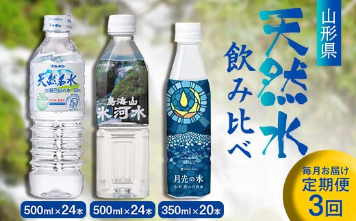 
【定期便3回】山形県 3種天然水 飲み比べ（月光の水 350ml×20本・氷河水 500ml×24本・出羽三山の水 500ml×24本） F2Y-5545
