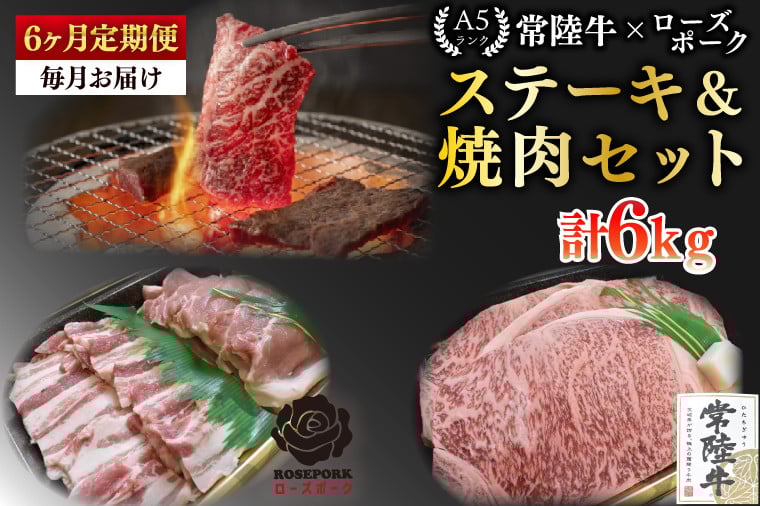 
            【6ヶ月定期便】【常陸牛A5ランク・ローズポークステーキ焼肉セット】常陸牛サーロイン600ｇ（300ｇ×２枚）＋ローズポーク400ｇ（ロース200ｇ・ばら200ｇ）【 冷凍 国産 和牛 豚肉 ブランド豚 茨城県 水戸市 食べ比べ セット商品 国産 老舗精肉店】(EK-60_2)
          