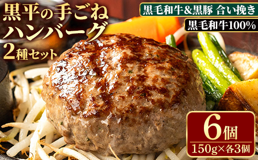 鹿児島県産 黒平の手ごねハンバーグセット《合い挽き/黒毛和牛100%》(150g×各3個・合計6個) ハンバーグ 黒毛和牛 黒豚 牛肉 牛 100% 国産 手ごね 真空 個包装 ギフト 化粧箱 おかず 惣菜 冷凍【みその】【A-1933H】