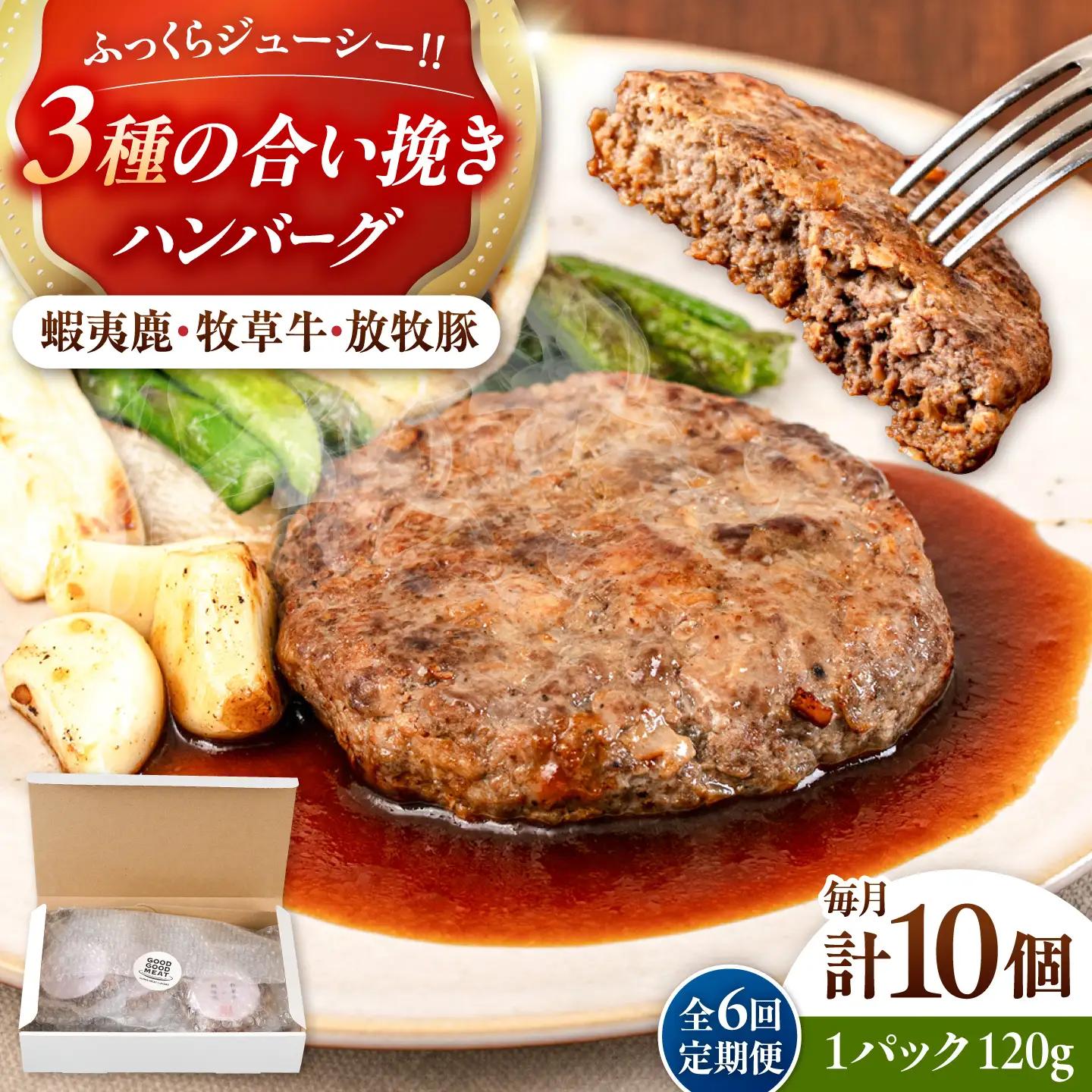 【全6回定期便】【蝦夷鹿×牧草牛×放牧豚】ハンバーグ 10個  鹿肉 牛肉 豚肉 小分け 冷凍 北海道 [AXBP032]