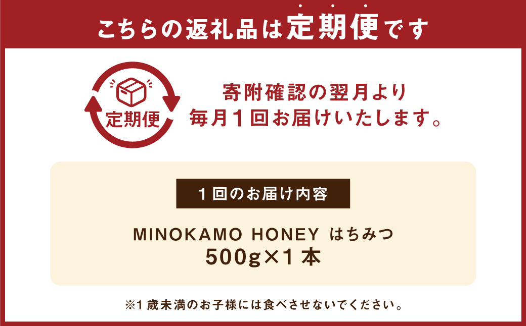 【3ヶ月定期便】MINOKAMO HONEY はちみつ 1本（500g）×3回 ｜ 藤井養蜂 蜂蜜 非加熱 百花蜜 国産 甘味料 定期便 美濃加茂市