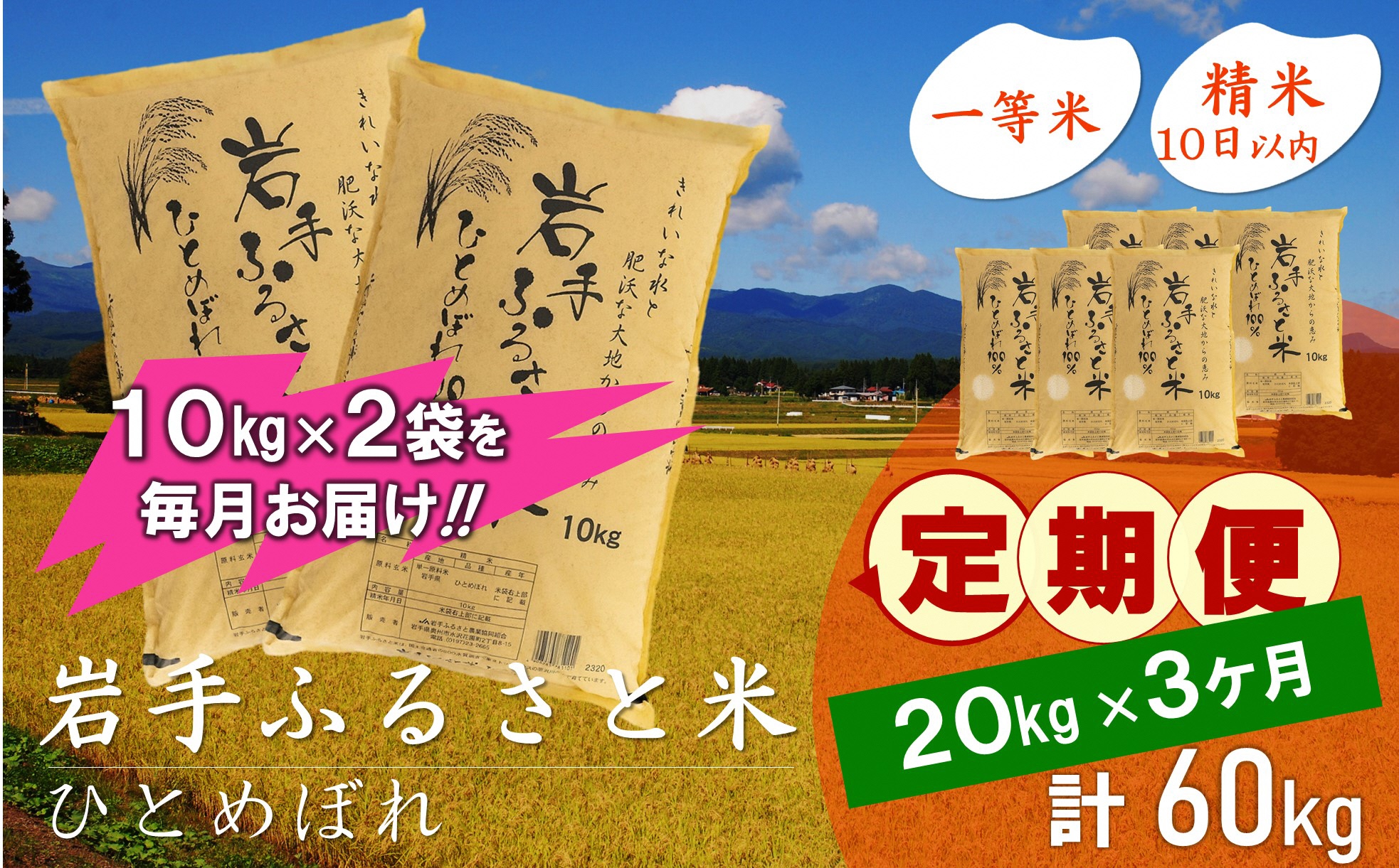 3人に1人がリピーター!☆全3回定期便☆ 岩手ふるさと米 20kg(10kg×2)×3ヶ月 令和6年産 一等米ひとめぼれ 東北有数のお米の産地 岩手県奥州市産【配送時期に関する変更不可】 [U0174]