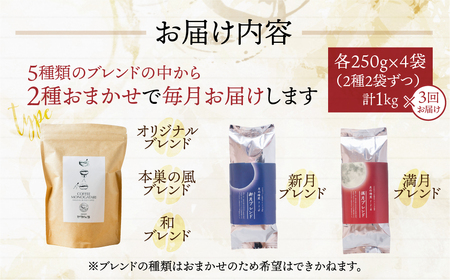 【定期便3回】訳あり コーヒー 【粉】  1kg ( 2種 おまかせ 250 g × 4袋 ) g