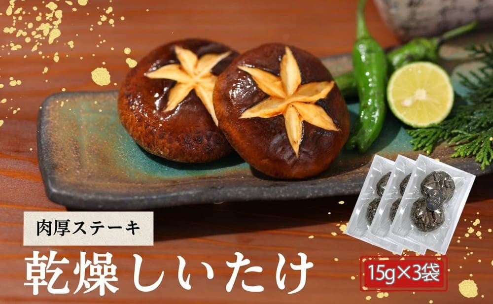 
            大分県産 しいたけ 津久見で育てた肉厚ステーキ用乾燥しいたけ 15g×3袋　|　津久見市 干し椎茸 菌床しいたけ きのこ 国産 産地直送
          