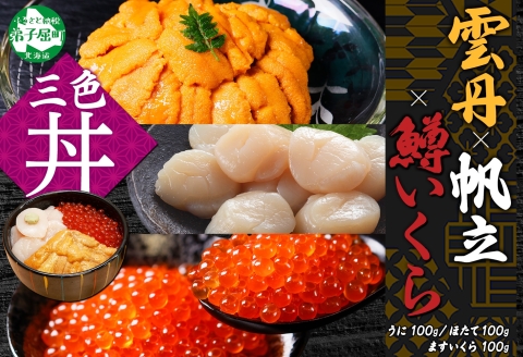3429. うに 100g 鱒いくら醤油漬け 100g ホタテ 100g ウニ チリ産 冷凍 雲丹 イクラ ますいくら ほたて 帆立 海鮮 海鮮丼 送料無料 北海道 弟子屈町