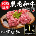 【ふるさと納税】宮崎黒毛和牛おまかせ部位サイコロステーキ(計1kg・250g×4)国産 宮崎県産 黒毛和牛 ステーキ 霜降り 和牛 有田牛 【AR006】【(有)有田牧畜産業 食肉加工センター】