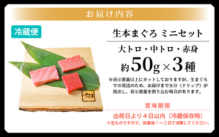 まぐろの王様！生本マグロ！まぐろ三昧おひとり様ミニセット合計150g前後（赤身・中トロ・大トロ各約50g） [e04-a122] 