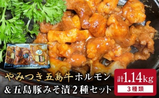 
やみつき 五島牛 ホルモン・五島豚 (ロース・スライス) 味噌漬け 3種 セット 五島市/肉のマルヒサ [PCV010]
