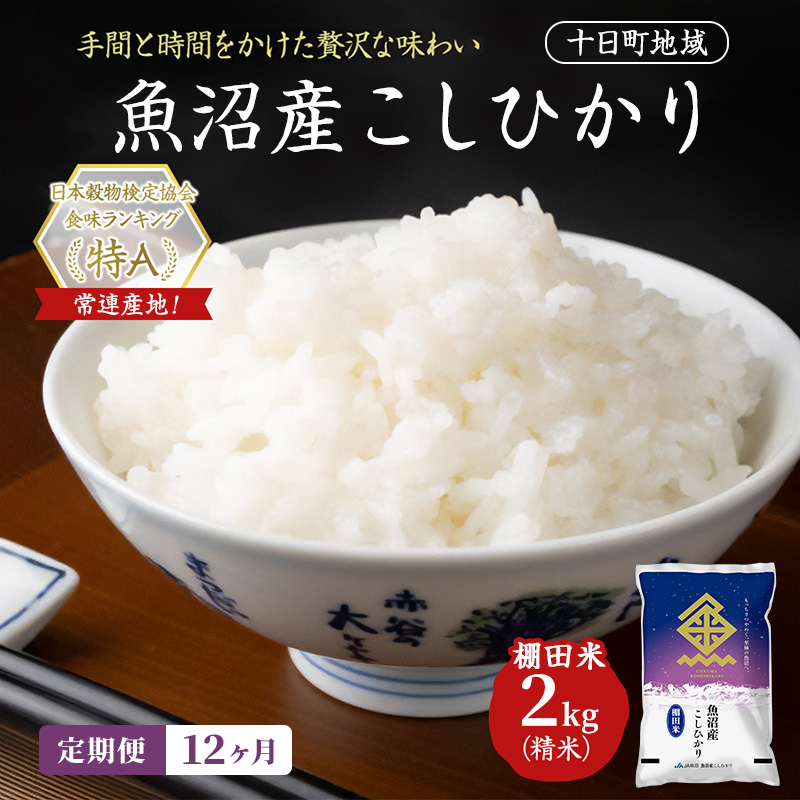 【12ヶ月定期便】魚沼産こしひかり 棚田米(十日町地域) 精米 2kg 米 お米 コシヒカリ 定期 十日町市
