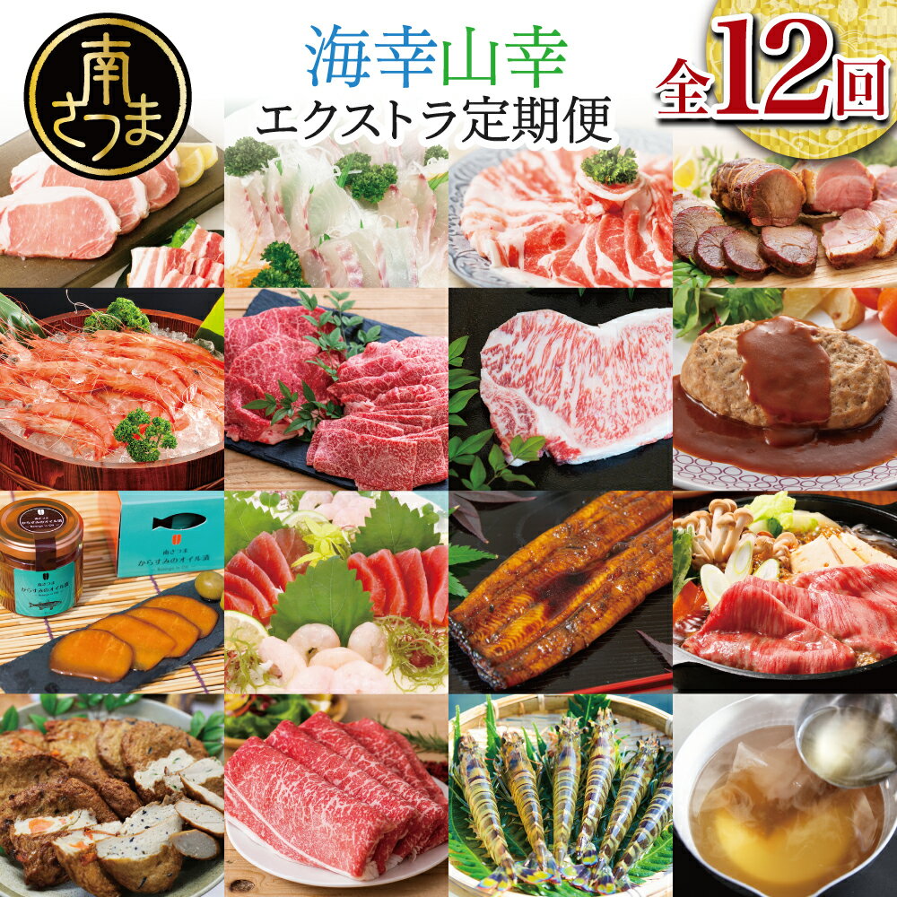 【ふるさと納税】海幸山幸エクストラ厳選定期便（全12回）お肉 お魚 豚肉 牛肉 黒豚 鹿児島黒牛 すき焼き サーロイン ステーキ しゃぶしゃぶ 鰻 蒲焼 刺身用 たかえび 薩摩甘えび 海老 マグロ さつま揚げ 焼豚 ハム ハンバーグ 出汁 鰹節 送料無料 定期配送