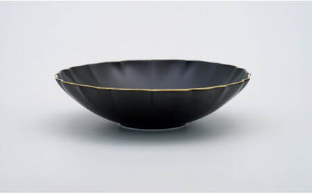A45-168 福珠窯 有田焼 黒マット 渕金彩 19cm 桔梗渕 ペアボウル 和食器 シンプル ブラック