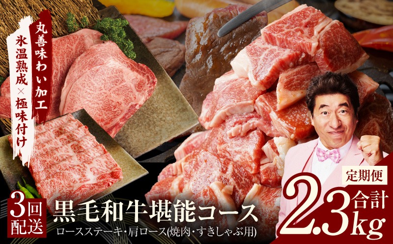 mrzZ003 黒毛和牛 定期便 全3回 （ステーキ／すき焼き・しゃぶしゃぶ／焼肉）堪能コース 丸善味わい加工【毎月配送コース】