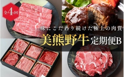【全4回】美熊野牛 定期便B ＜すき焼きしゃぶしゃぶ用ロース＆赤身モモ肉 800g・切り落とし 800g・焼肉用6種食べ比べ 500ｇ・100％ハンバーグ 100g×5個＞  牛肉 肉 ブランド牛 和牛 黒毛和牛 国産牛 すき焼き しゃぶしゃぶ 赤身 赤身肉 焼肉 ハンバーグ 惣菜 肉定期便 人気 希少 おすすめ 三重県 熊野市【okad-tkb0020】