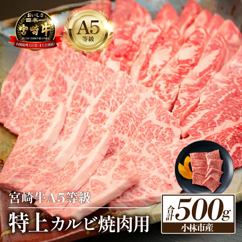 【ふるさと納税】【直売】A5等級小林市産宮崎牛特上カルビ焼肉用500g（国産 牛肉 国産牛 和牛 黒毛和牛 宮崎牛 カルビ 上カルビ 焼肉）