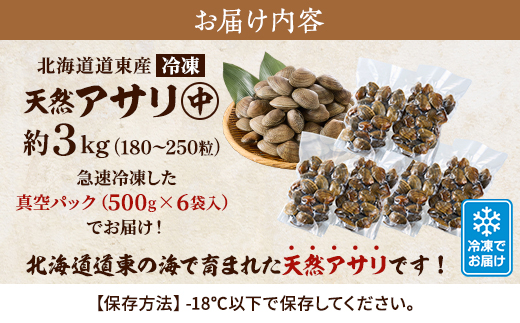 北海道道東産アサリ中(冷凍)　約3kg(180～250粒)【配送不可地域：離島】