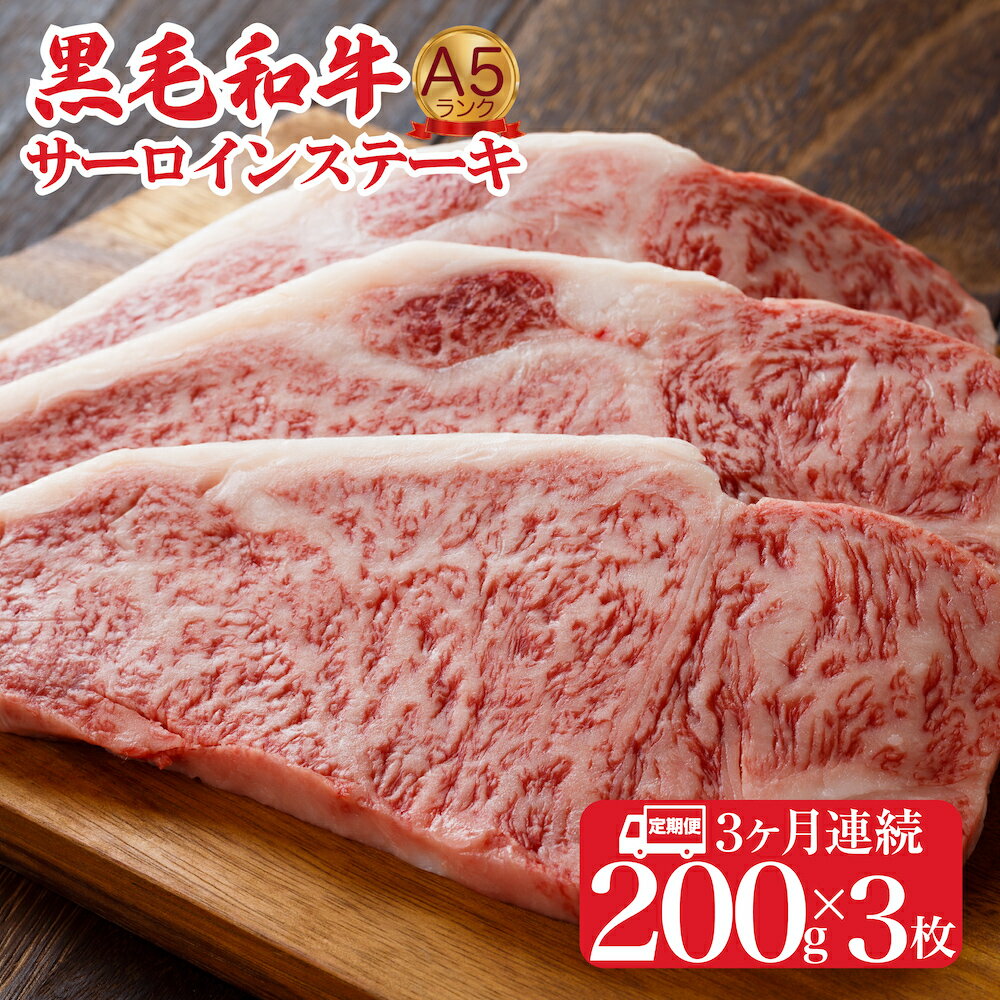 【ふるさと納税】定期便 3回 黒毛和牛 A5 サーロインステーキ 200gx3 600g (ステーキ用ソース付) 国産 冷蔵便 牛肉 和牛 焼肉 焼き肉 バーベキュー ステーキ 霜降り A5ランク A5等級 高級肉 ステーキ ソース付 牛サーロインステーキ肉 サーロイン肉 おすすめ 人気