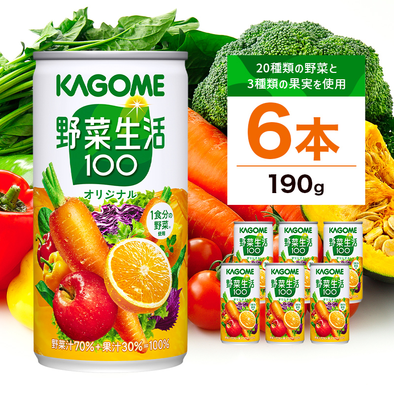 カゴメ 野菜生活100 オリジナル 190g × 6缶 野菜 果実 ミックスジュース 野菜ジュース フルーツジュース 砂糖不使用 野菜汁 70％ 果汁30％ ビタミンA ビタミンC カリウム にんじん 果物 フルーツ 飲料 かごめ お取り寄せ KAGOME 送料無料 那須塩原市 ns038-006