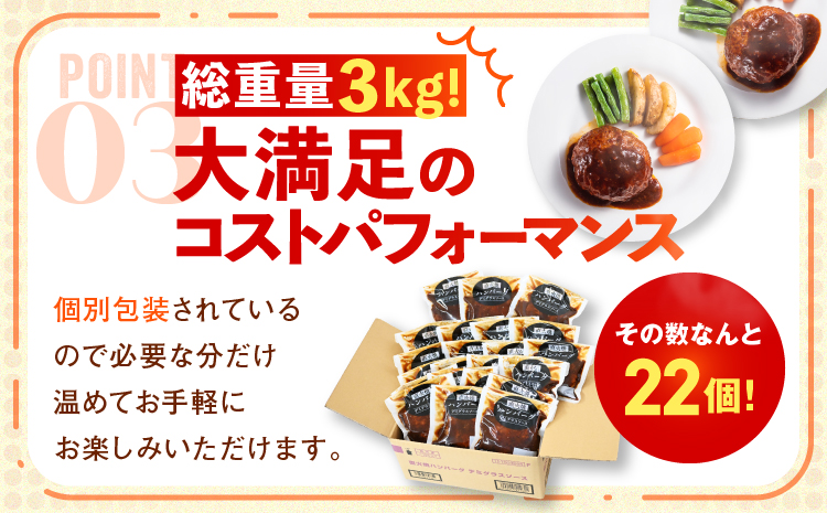 【２回　定期便】 直火焼ハンバーグ デミグラスソース 22個セット（計3kg超え）