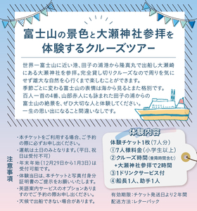 クルージング 大瀬神社コース 体験チケット 7人 クルーズツアー 土日のみ 年末年始受付可能 富士山の壮大な景色 雄大な自然 田子の浦港 隆真丸 完全貸し切り 一生の思い出 静岡県 富士市 [sf00