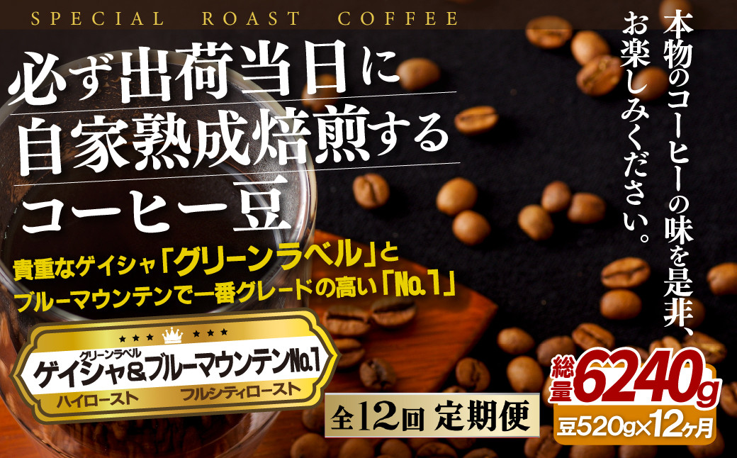 
E292z【12回定期便】 必ず出荷日に自家熟成焙煎ゲイシャ豆(320g)･ブルーマウンテン№.1豆(200g)【12回定期便】
