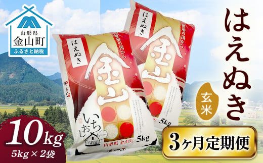 
令和6年産《定期便》 金山産米 はえぬき【玄米】（5kg×2袋）×3ヶ月計30kg 定期便 3ヶ月 米 お米 ご飯 玄米 ブランド米 送料無料 東北 山形 金山町 F4B-0523
