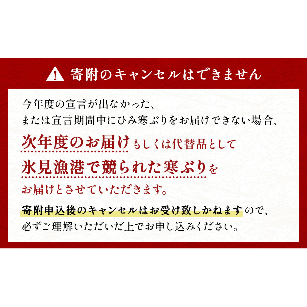 ＜先行予約＞ひみ寒ぶり朝どれ1本【6～8kg】　三枚おろし（神経抜〆）【半七】※配送地域限定_イメージ3