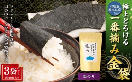 有明海 熊本産 極上とろける一番摘み 塩のり 金袋 1袋（40枚入）×3袋 計120枚 海藻 海苔 のり ノリ あじのり 塩 しお