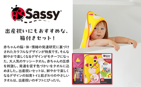 【DADWAY】サッシー・おくるみセット（箱付き）ピンク／キャット | 出産祝い ギフト 必需品 定番おもちゃ おくるみ フード付きバスタオル ミニタオル リング 歯固め キッズ ベビー用品 APU0