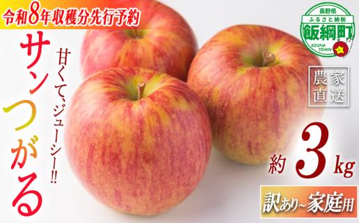 りんご サンつがる 家庭用・訳あり3kg 農家応援企画 【令和8年度収穫分】 ※沖縄県への配送不可 ※2026年8月下旬頃から9月中旬頃まで順次発送予定 長野県飯綱町[0786]
