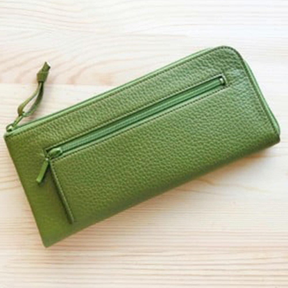 【ふるさと納税】【グリーン】フラット札入れ 長財布 牛革 シュリンクレザー 合成皮革 緑色 L字ファスナー カード入れ 小銭入れ 収納 メンズ レディース ファッション 男性 女性 東京都 武蔵野市 送料無料