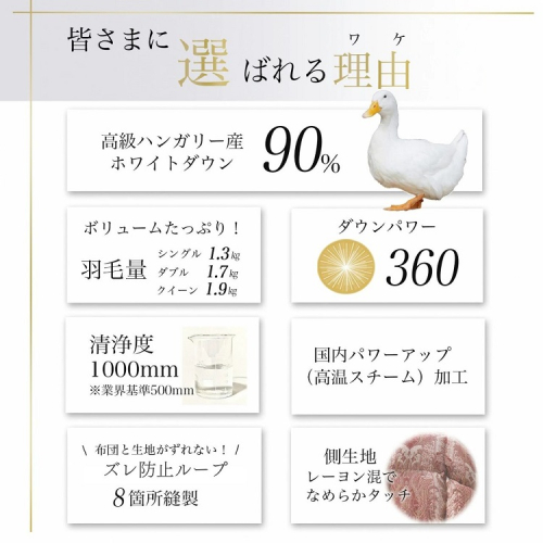 【ピンク】＜京都金桝＞軽くて暖か 羽毛布団 本掛け ハンガリーホワイトダウン90％ クイーン 1.9kg DP360 立体キルト≪人気 日本製 京都亀岡産 掛け布団 ≫アクア