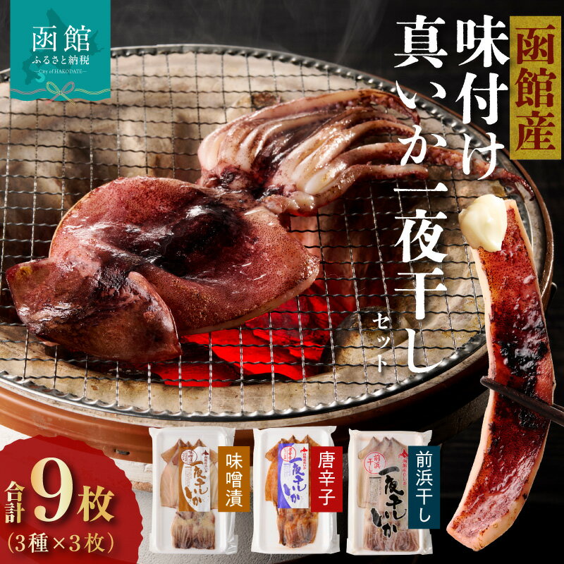【ふるさと納税】一夜干し いか 3種 × 各3枚 計9枚 セット 函館産 夏いか 前浜干し 味噌漬 唐辛子 冷凍 冷風乾燥 おつまみ 炙って 醤油 マヨネーズ バター炒め 磯辺揚げ 大根と煮て 味噌炒め マリネ 竜田揚げ 魚介 水産 加工品 お取り寄せ 北海道 函館 イチヨ水産 送料無料
