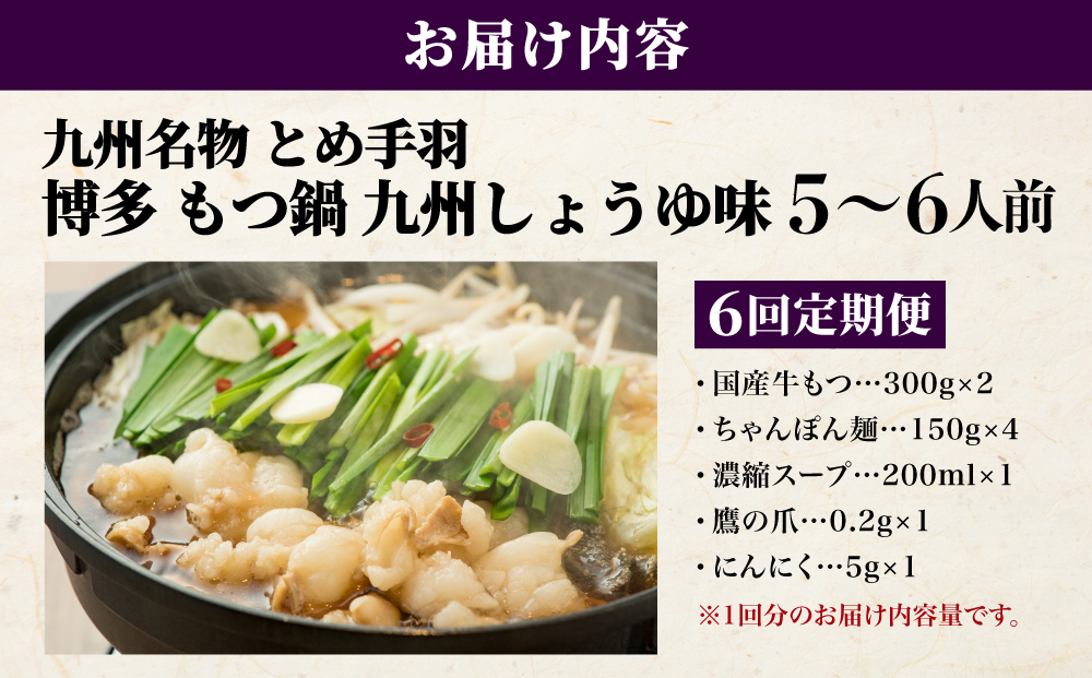 ＜定期便・全6回＞九州名物とめ手羽 博多もつ鍋セット 九州しょうゆ味 5-6人前