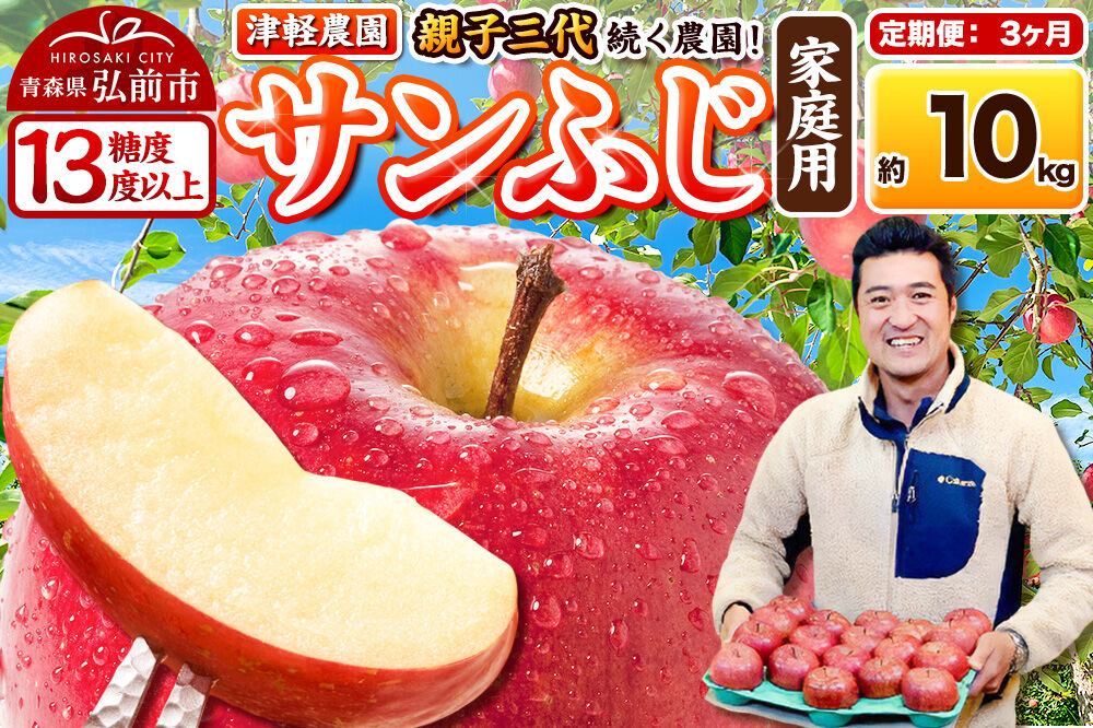 【27年1月～発送】《定期便3ヶ月》りんご  サンふじ【家庭用】約10kg 26～40玉程度【糖度13度以上】津軽農園 [先行予約 青森県 弘前市 定期便 アップル おいしい ふじ りんご 果実 果物