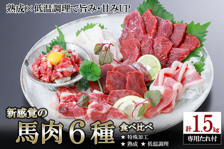 【令和7年10月出荷分】馬肉 盛り合わせ 6種 1.5kg 特許製法 氷温熟成 低温調理 レア 赤身 フタエゴ ハツ サガリ ユッケ コウネ 小分け 焼くだけ簡単 専用醤油 タレ付 真空 熊本 阿蘇 小国町
