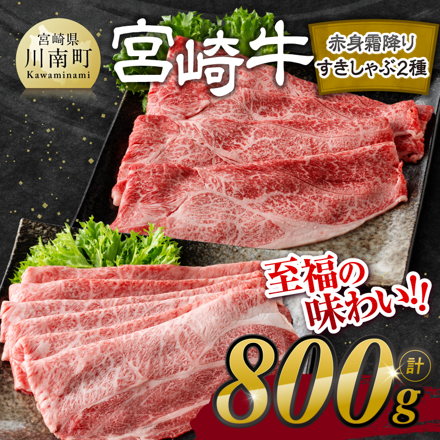 宮崎牛赤身霜降りすきしゃぶ2種 800g【肉 牛肉 国産 宮崎県産 宮崎牛 黒毛和牛 和牛 しゃぶしゃぶ すき焼き 4等級  A4ランク 肩ロース  ウデ モモ E11123】