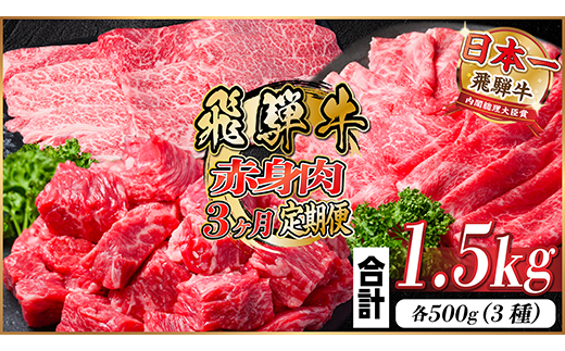 レビューキャンペーン実施中!【毎月定期便】飛騨牛 赤身肉定期便 計1.5kg全3回【配送不可地域：離島】