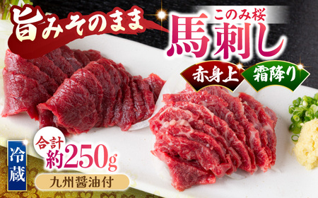 【鮮度抜群！冷蔵お届け】上馬刺し 2種 食べ比べ 計250g 赤身(150g) 霜降り(100g)  ブランド馬肉「このみ桜」馬刺し用醤油付き【馬庵このみ】馬刺し 馬肉 霜降り 赤身ブロック 国産 九