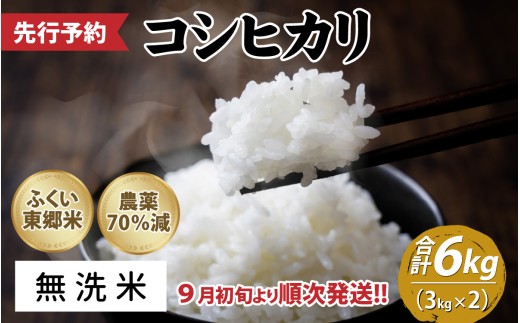 【先行予約】令和8年産 新米 ふくい東郷米 特別栽培米　農薬70％減コシヒカリ 6kg 3kg×2袋「2026年9月初旬より順次発送」【無洗米】[A-020019_04]