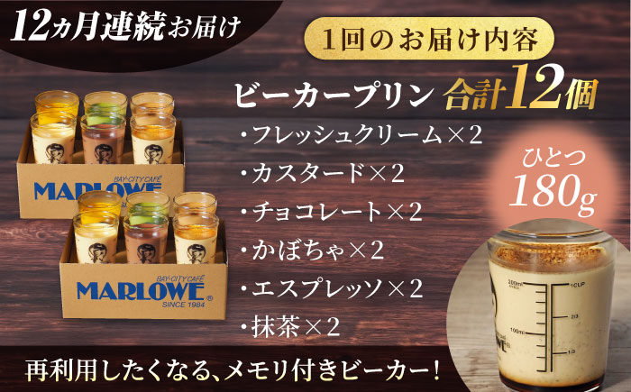 【全12回定期便】葉山ビーカープリン パーティーアソート セット 6種×2個 詰め合わせ（カスタード・かぼちゃ・抹茶・北海道フレッシュクリーム・エスプレッソ・チョコレート）【マーロウ】 [AKAF04