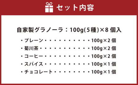 自家製グラノーラ 5種 詰め合わせ 100g×8個入り 計800g グラノーラ プレーン 菊川茶 コーヒー スパイス チョコレート オートミール シリアル 朝食 おやつ スイーツ お菓子 セット