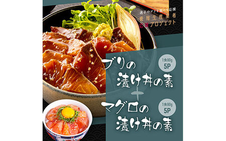 訳あり 海鮮「ブリの漬け丼の素」1食80g×5P＋「マグロの漬け丼の素」1食80g×5P惣菜 冷凍 保存食 小分け 高知 海鮮丼 一人暮らし ぶり 鰤 まぐろ 鮪 お茶漬け 海鮮丼