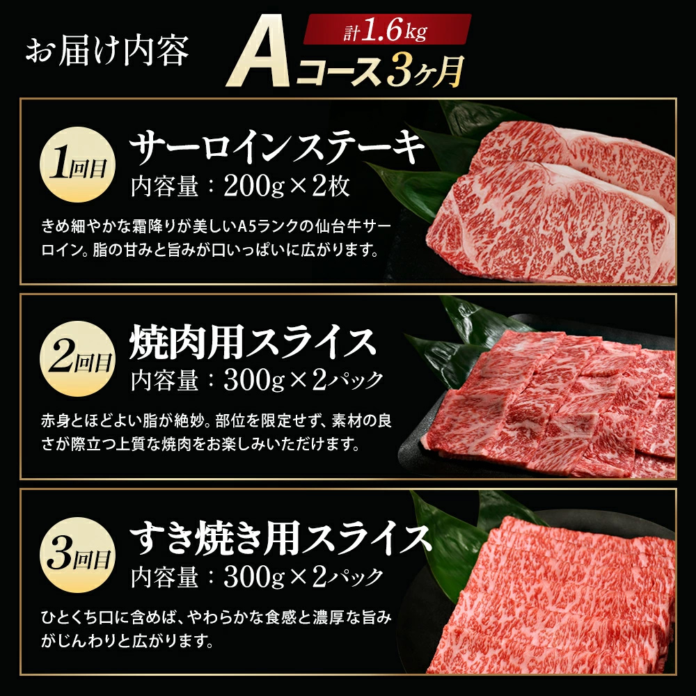 【毎月定期便】「A5仙台牛Aコース」 ステーキ・焼肉・すき焼き 全3回　【04301-0959】_イメージ5