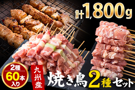 焼鳥 大容量 九州産 焼き鳥 2種セット串 60本1800g（10本入×6パック）《30日以内に出荷予定(土日祝除く)》熊本県 葦北郡 津奈木町 ナンキューフーズ株式会社 焼鳥 鶏肉 鶏モモ ネギマ 